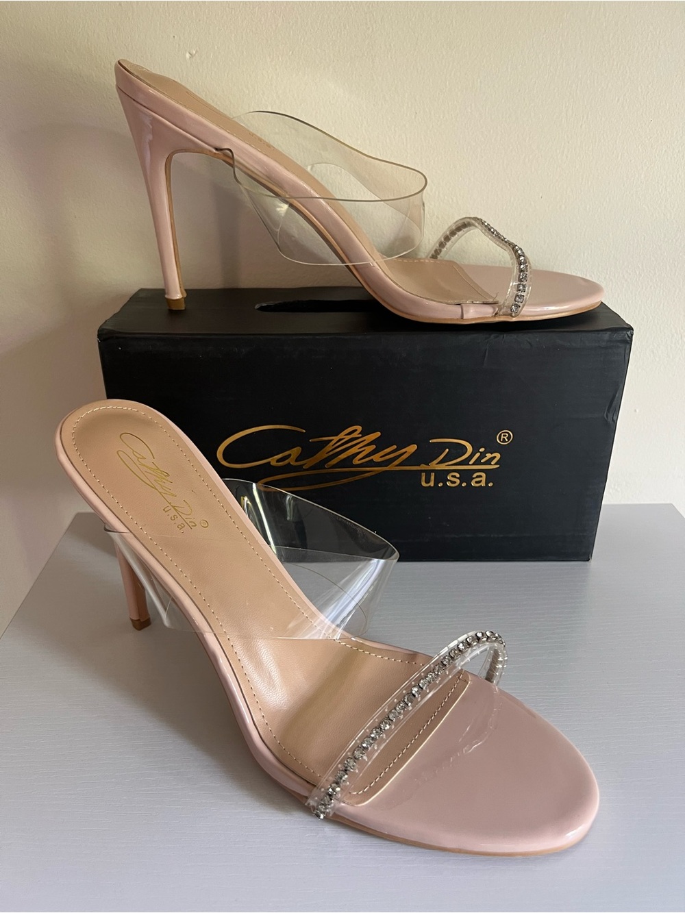 Nude gloss Clear Strap rhinestone embellished Stiletto Sandals Avail size 9 & 11